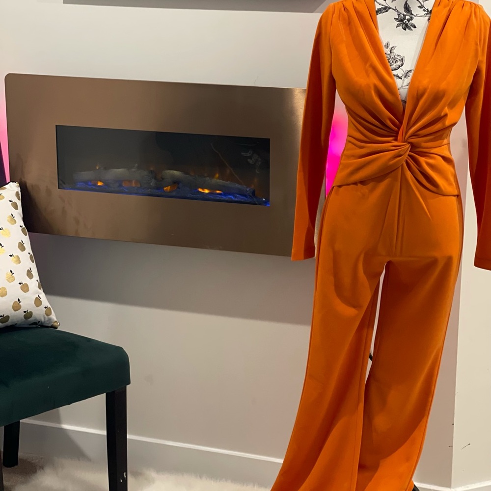 Orange Deep V Jumpsuit - Picture 2 of 6